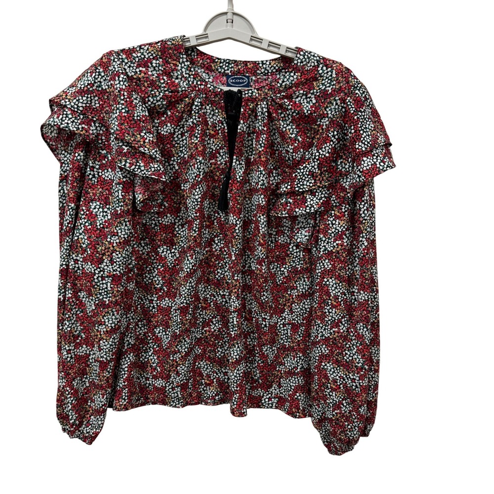 Scoop Womens XL Floral Ruffle‎ Shoulder Tassel Tie Blouse Multi Color SS-757